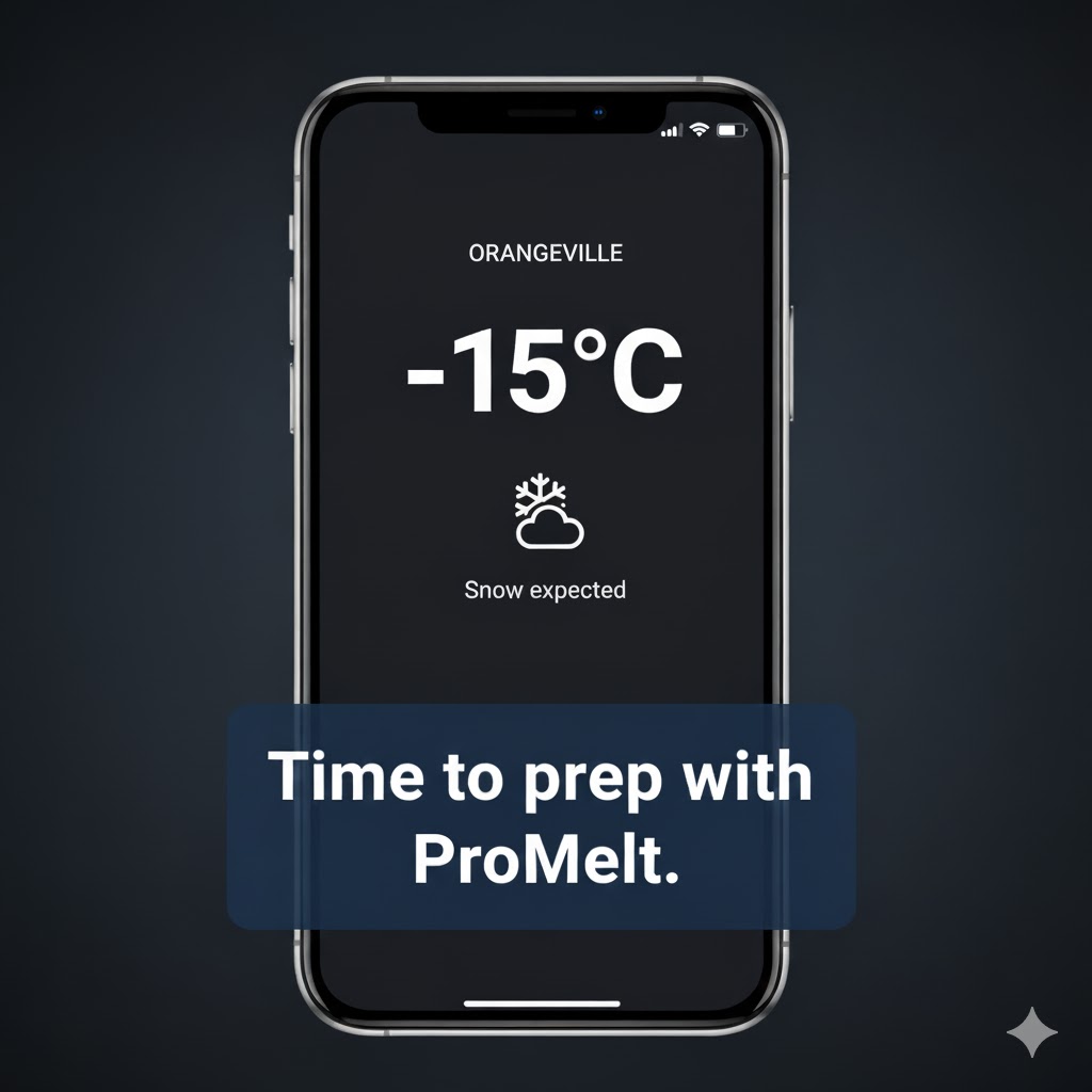 Smartphone weather screen displaying subzero temperature and message prompting preparation with ProMelt ice melt