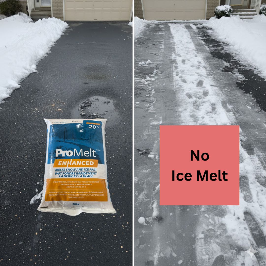 Before and after visual showing frozen slippery driveway compared to safe and clear surface using ProMelt